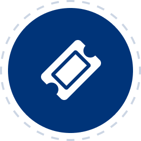 Icon of a white ticket on a blue circular background with dashed border.